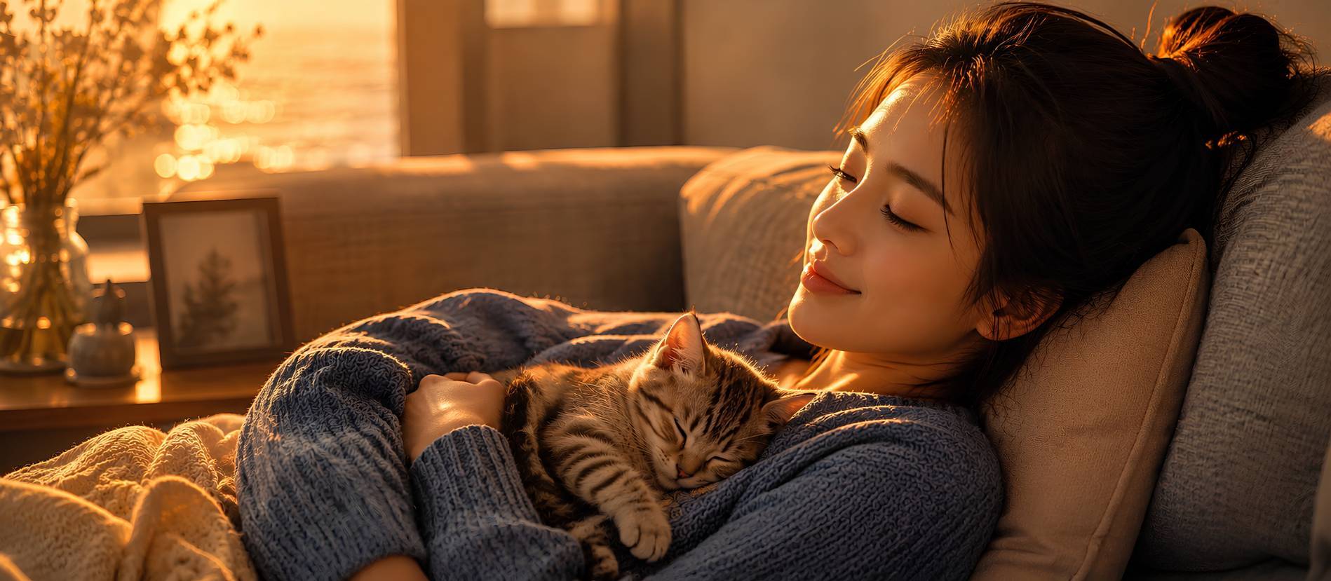 เจ้าของกอดแมวอย่างอบอุ่นในแสงยามเย็น — ความผูกพันที่สื่อกันด้วยความรู้สึก